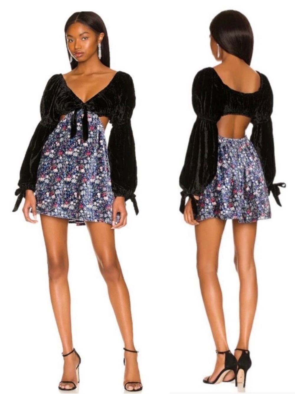 Tularosa Carmella Black Velvet Puff Sleeve Mini with Blue Floral Skirt